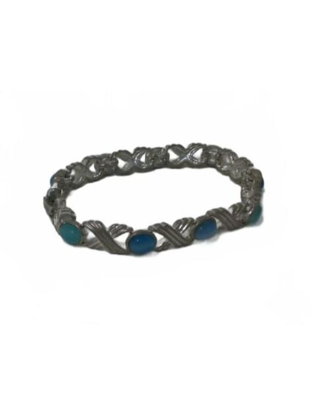 Vintage Silver Tone X Link Bracelet, Blue Green Glass Cabochon Cross Accent
